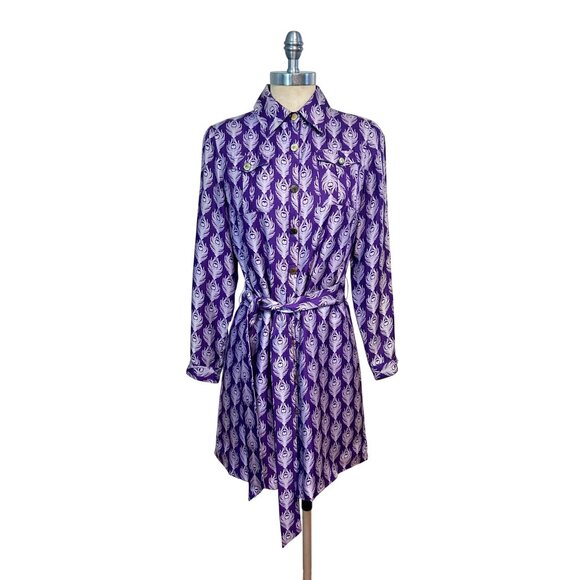 Elizabeth McKay Purple & White Print Silk Button-Down Shirt Dress With Belt Size - Picture 1 of 5
